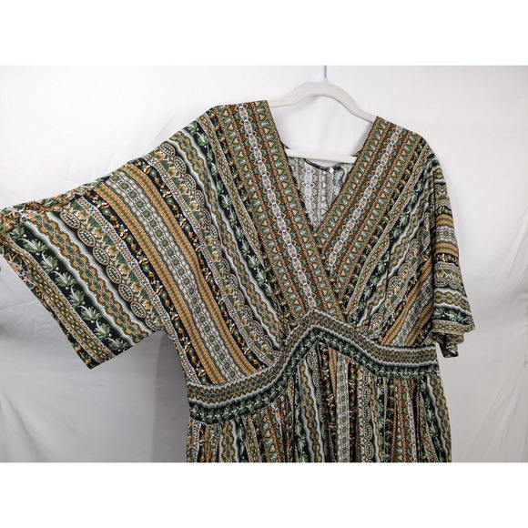 Floral Peasant Dress Maxi Cottagecore Green Striped Smocked V Neck Boho Grunge - Picture 3 of 10